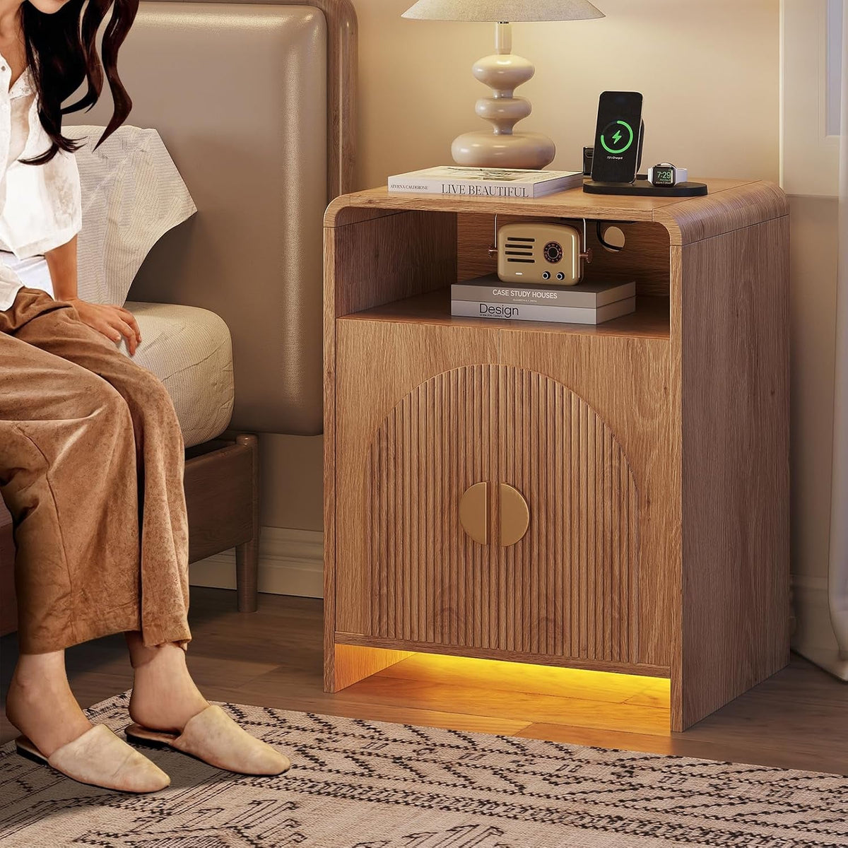 Nightstand with Charging Station and LED Lights, Night Stands with Adjustable Storage Cabinet, Modern Side Table with Fluted Doors and Open Storage, Bedside Table for Bedroom, Natural