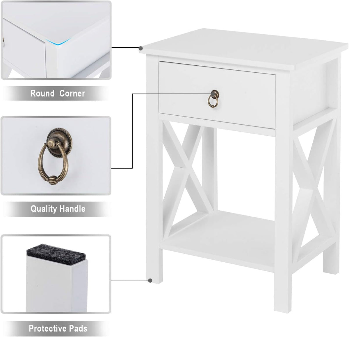 Farmhouse Nightstand Set of 2 with Drawer and Shelf, White