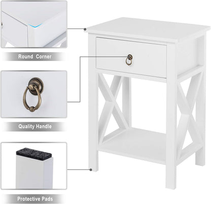 Farmhouse Nightstand Set of 2 with Drawer and Shelf, White