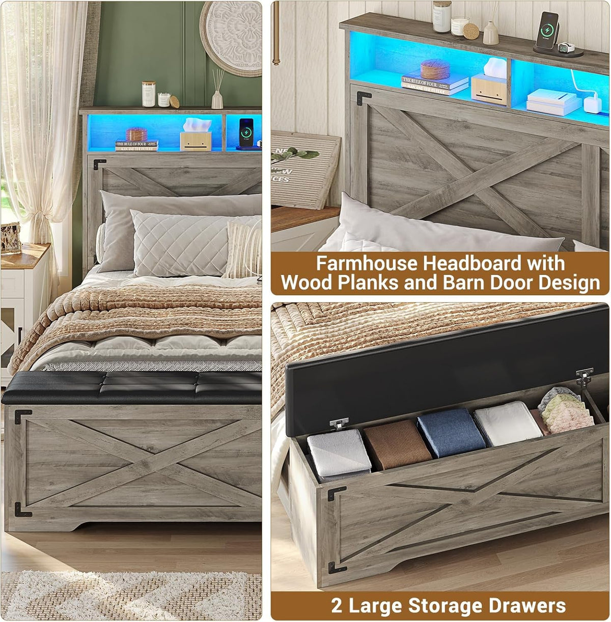 Queen Size Bed Frame with Storage Ottoman, Farmhouse Bed Frame with Charging Station and Led Light, Headboard with Storage Rack, Metal Slats, No Noise Design, No Box Spring Needed,Oak Grey