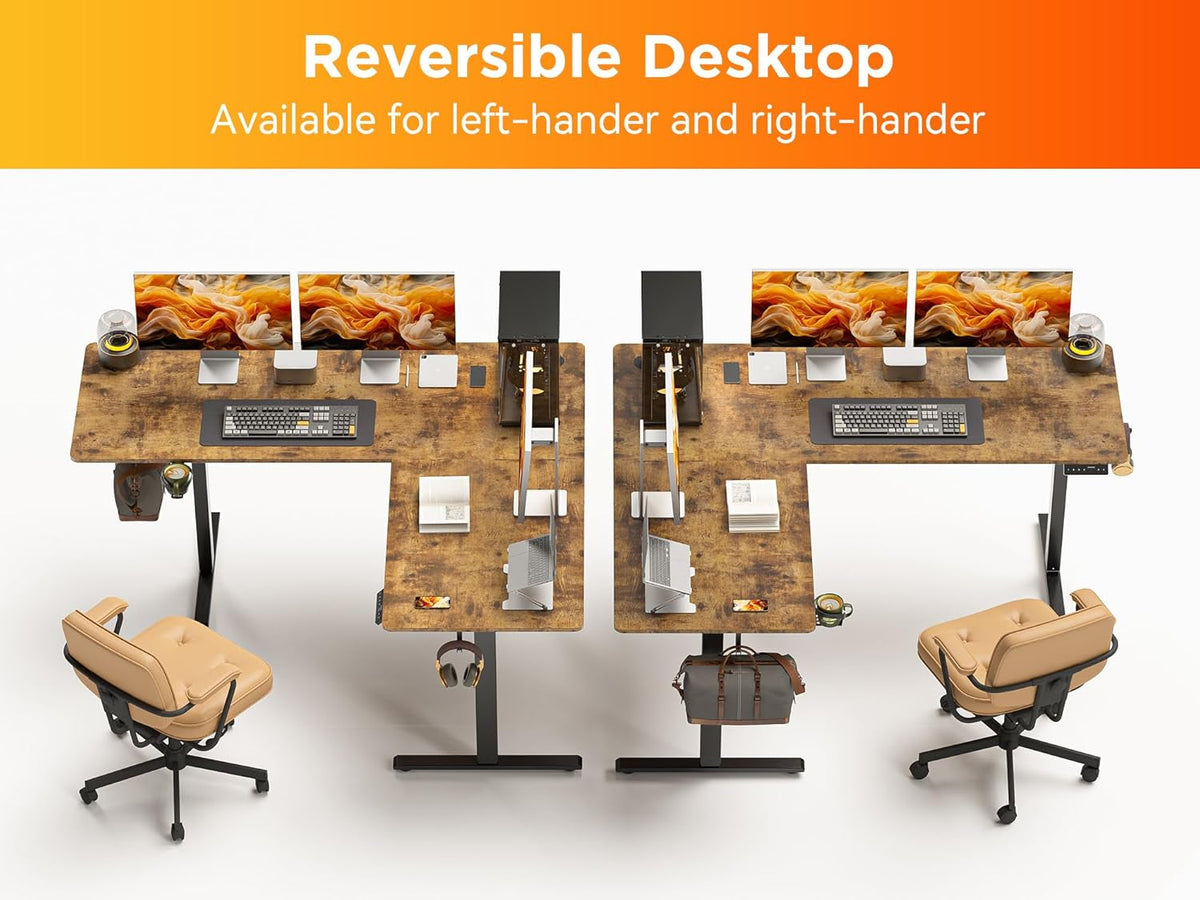 63X55 Inches Reversible L Shaped Standing Desk, Height Adjustable with Cup Holder, Electric Corner Computer Workstation, Sit Stand up Home Office, Ergonomic Gaming, Black