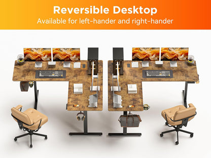 63X55 Inches Reversible L Shaped Standing Desk, Height Adjustable with Cup Holder, Electric Corner Computer Workstation, Sit Stand up Home Office, Ergonomic Gaming, Black