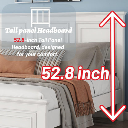 King Size Bed Frame Farmhouse Style, Tall Headboard King Bed Frame with Footboard, Pinewood Antique Beds, Farmhouse Style, Noise-Free, No Box Spring Needed, White