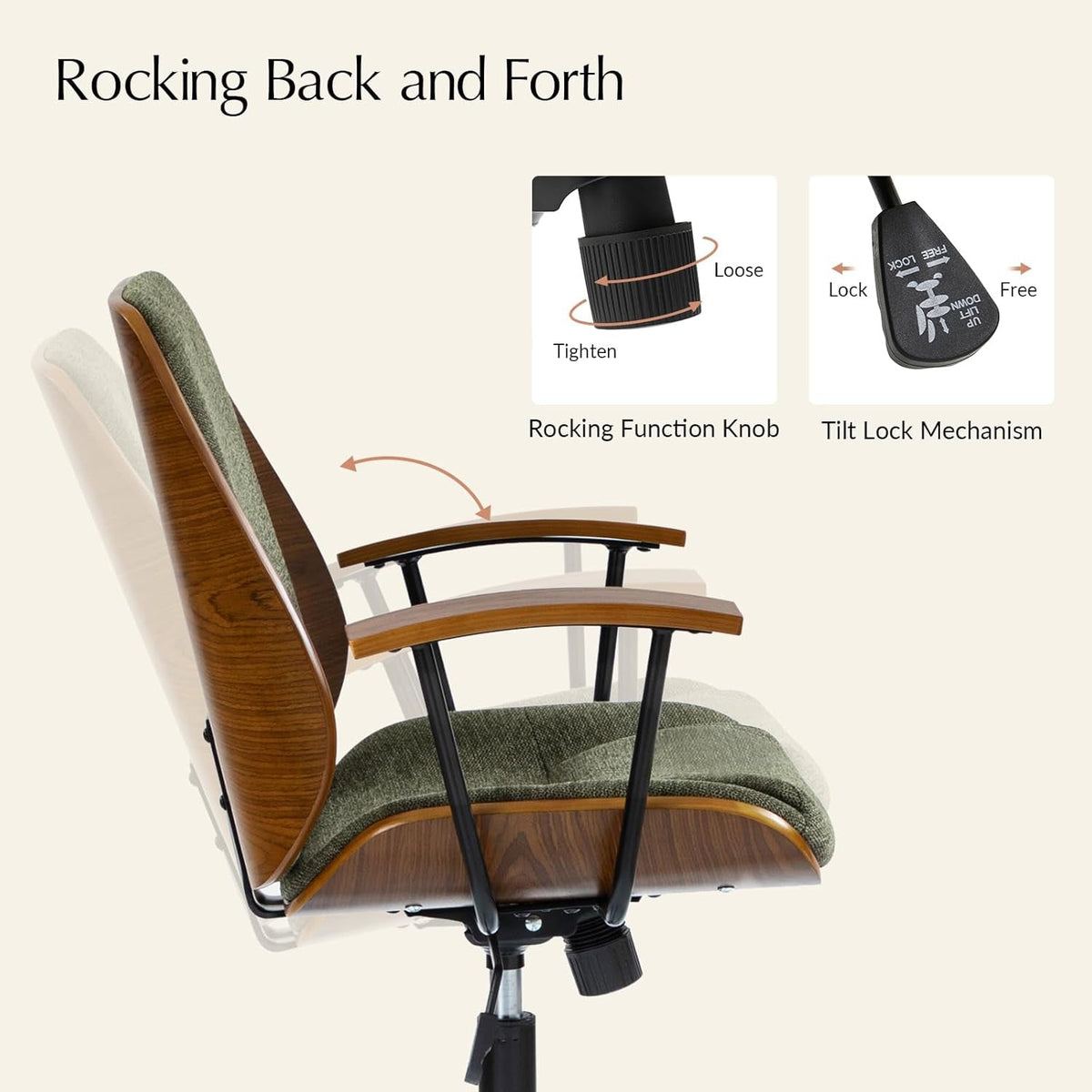 Solid Wood Office Chair with Rocking Function, Comfy Fabric Desk Chair with Bent Wood and Metal Base, Height Adjustable Swivel Computer Task Chair, Green