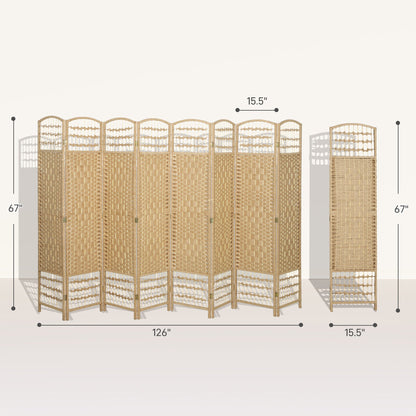 8 Panel Folding Room Divider Portable Privacy Screen Wave Fiber Room Partition for Home Office Natural