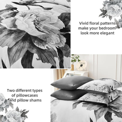 Grey Queen Comforter Set 7 Piece Bed in a Bag, Gray Floral Printed on White Comforter Set with Sheets, Soft Microfiber Botanical Farmhouse Bedding Set for All Season