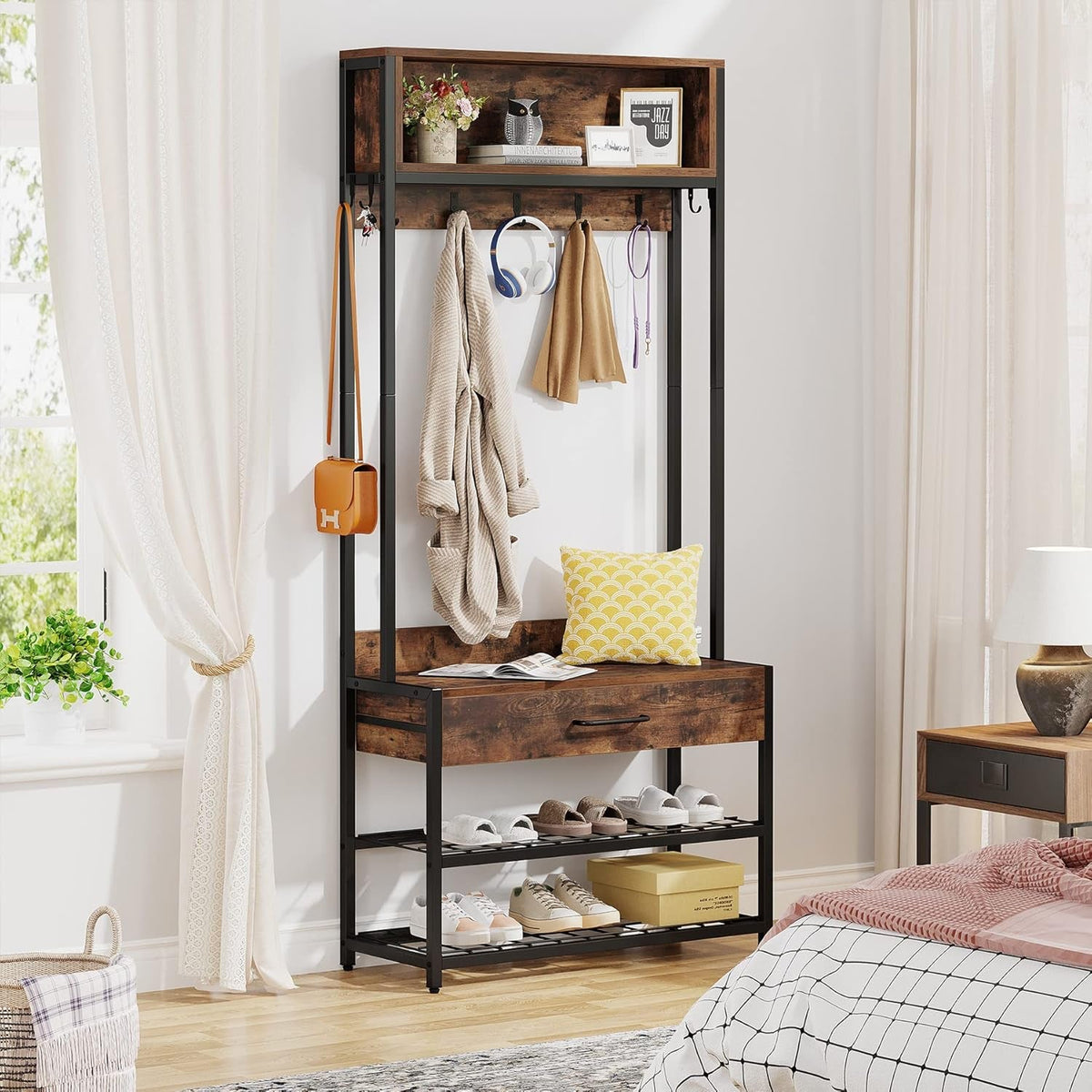 3-In-1 Entryway Hall Tree with Drawer, Vintage Industrial Coat Rack with Shoe Bench and Hutch, Mudroom Bench with Shoe Storage Rack and 9 Hooks for Living Room Bedroom (Brown)