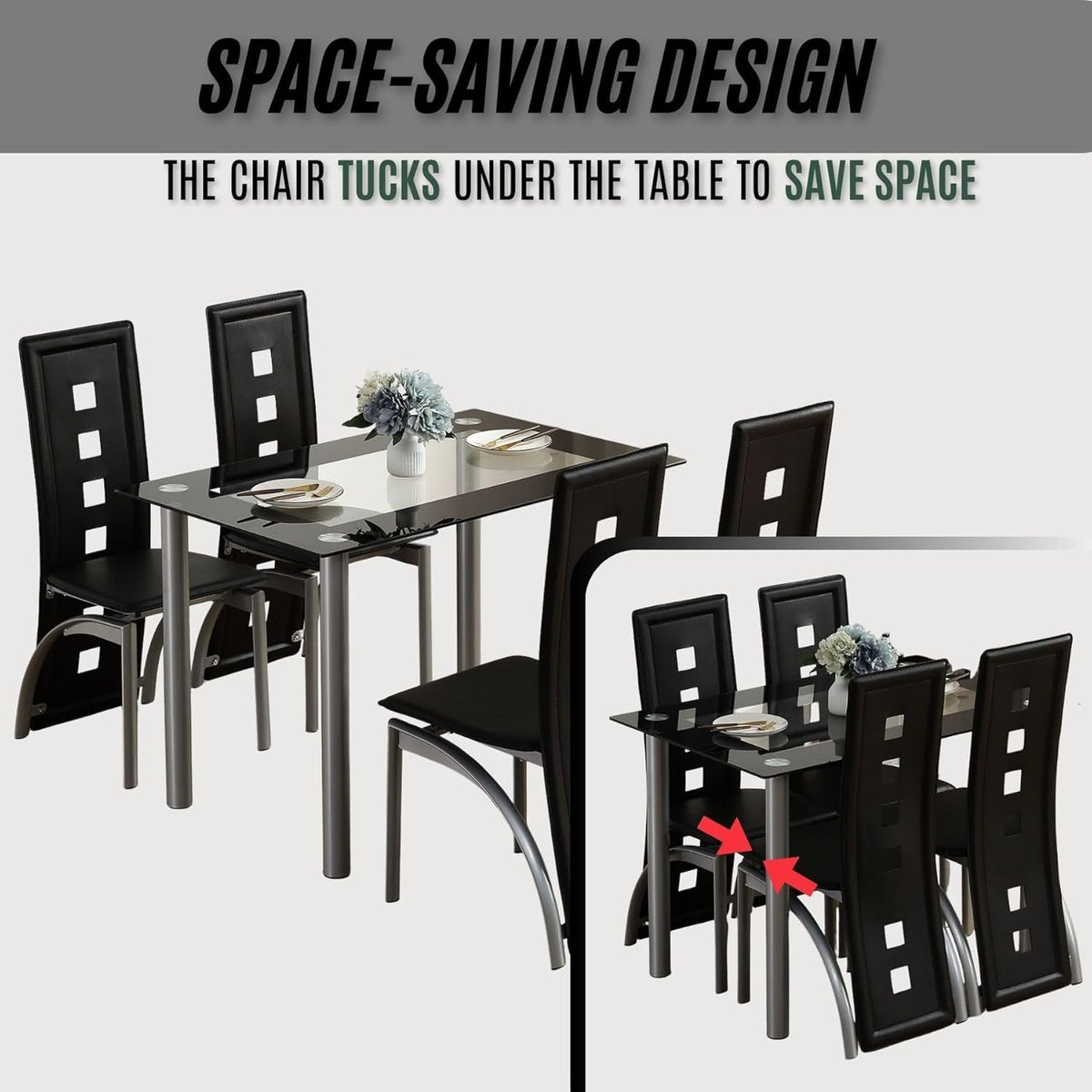 5-Piece Dining Table Set with 1 Glass Dining Table and 4 PVC Chairs, Modern Dining Table Set for Kitchen & Breakfast Dining Living Room, Space Saving, Black