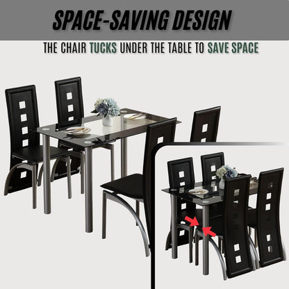 5-Piece Dining Table Set with 1 Glass Dining Table and 4 PVC Chairs, Modern Dining Table Set for Kitchen & Breakfast Dining Living Room, Space Saving, Black