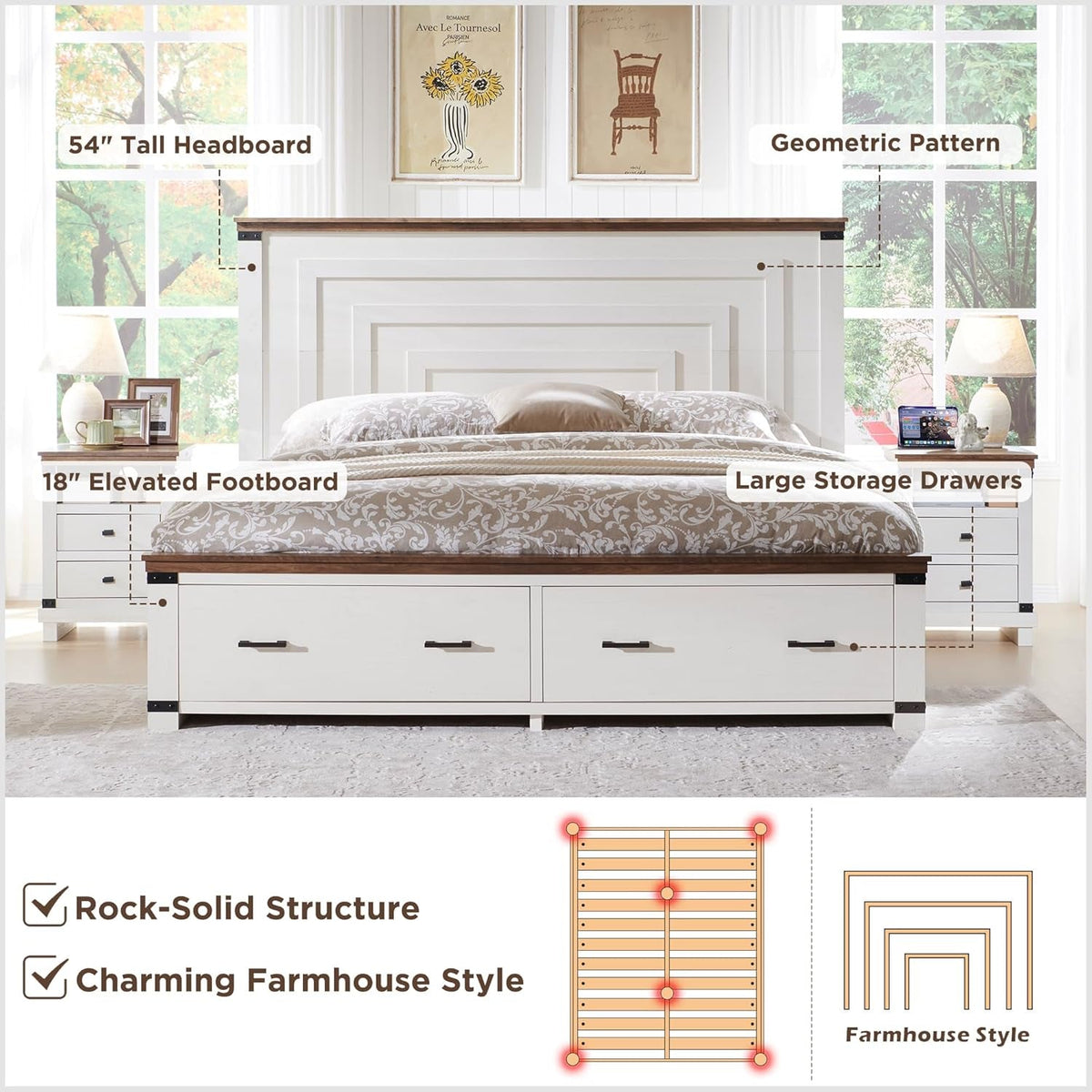 Farmhouse Queen Size Bed Frame W/ 54" Tall Geometric Headboard, Rustic Wood Platform Bed W/ 2 Large Storage Drawers, Wood Slats Support, Noise Free, No Box Spring Needed, Antique White