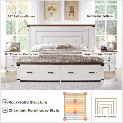 Farmhouse Queen Size Bed Frame W/ 54" Tall Geometric Headboard, Rustic Wood Platform Bed W/ 2 Large Storage Drawers, Wood Slats Support, Noise Free, No Box Spring Needed, Antique White