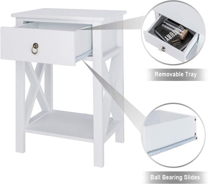 Farmhouse Nightstand Set of 2 with Drawer and Shelf, White