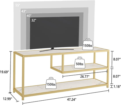 TV Stand for Tvs up to 55 Inch, 3 Tier Entertainment Center, Media Console with Open Storage Shelves for Living Room Bedroom, 47” Modern TV Table with Faux Marble Top Gold Metal Leg