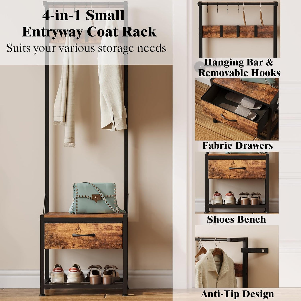 Hall Tree with Shoes Bench, Small Coat Rack with Fabirc Drawer and Shelf for Bedroom, 4-In-1 Entryway Organizer with Shoes Stool for Living Room, Entryway, Closets (Rustic Brown)
