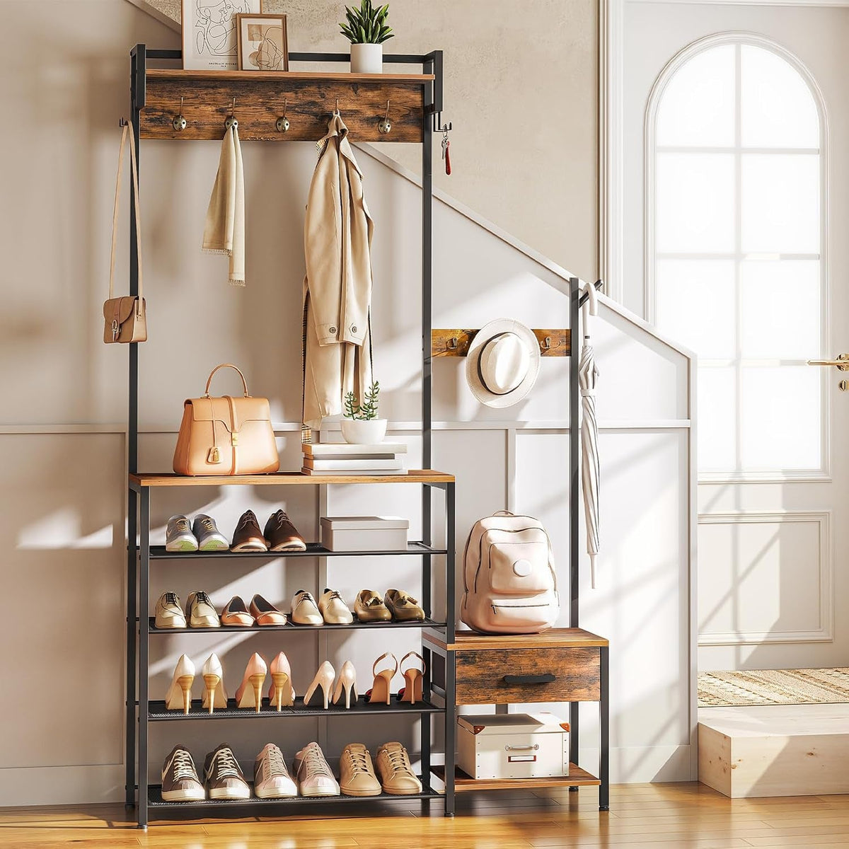 Hall Tree with Shoe Bench, Drawer and Coat Hooks, Rustic Brown