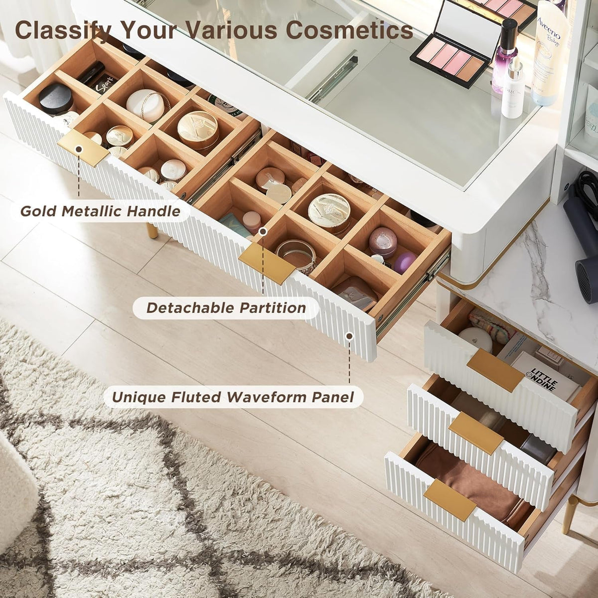 Fluted Makeup Vanity Desk with 36" HD Lighted Mirror, 48" Big Modern Vanity Desk with Mirror and Lights, Dressing Table with 5 Drawers & Shelves, Glass Top for Bedroom (Off White)
