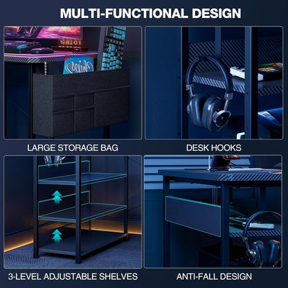 Small Gaming Desk with Power Outlets, 40 Inch L Shaped Desks with Reversible Shelves and Storage Bag,Computer Desk Corner Desk PC Desk for Gaming and Home Office Table,Black Carbon
