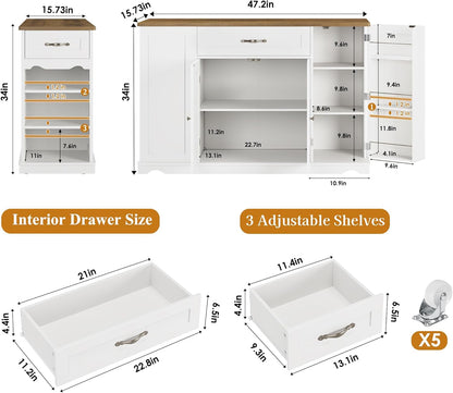 Kitchen Island Cart with Storage, 47'' Kitchen Storage Island on Wheels with 2 Drawers, Rolling Island Table with Adjustable Shelves, Mobile Buffet Sideboard Cabinet for Dining Room, White