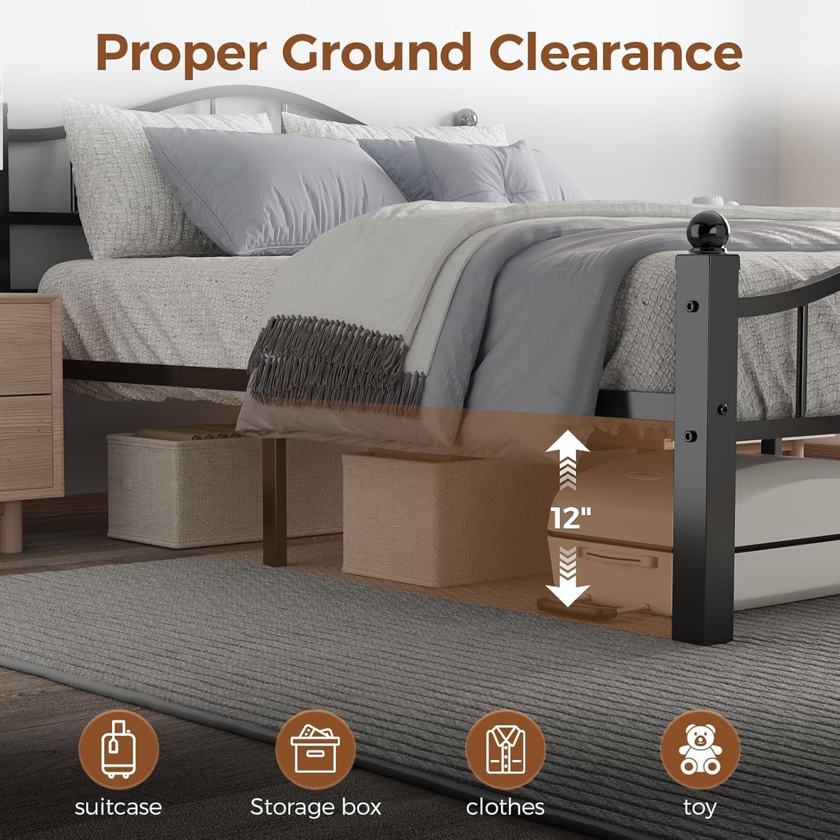 Metal Full Size Bed Frame with Headboard, Noise-Free Design & Underbed Storage Heavy Duty Bed Frames No Box Spring Needed/Tool-Free Assembly