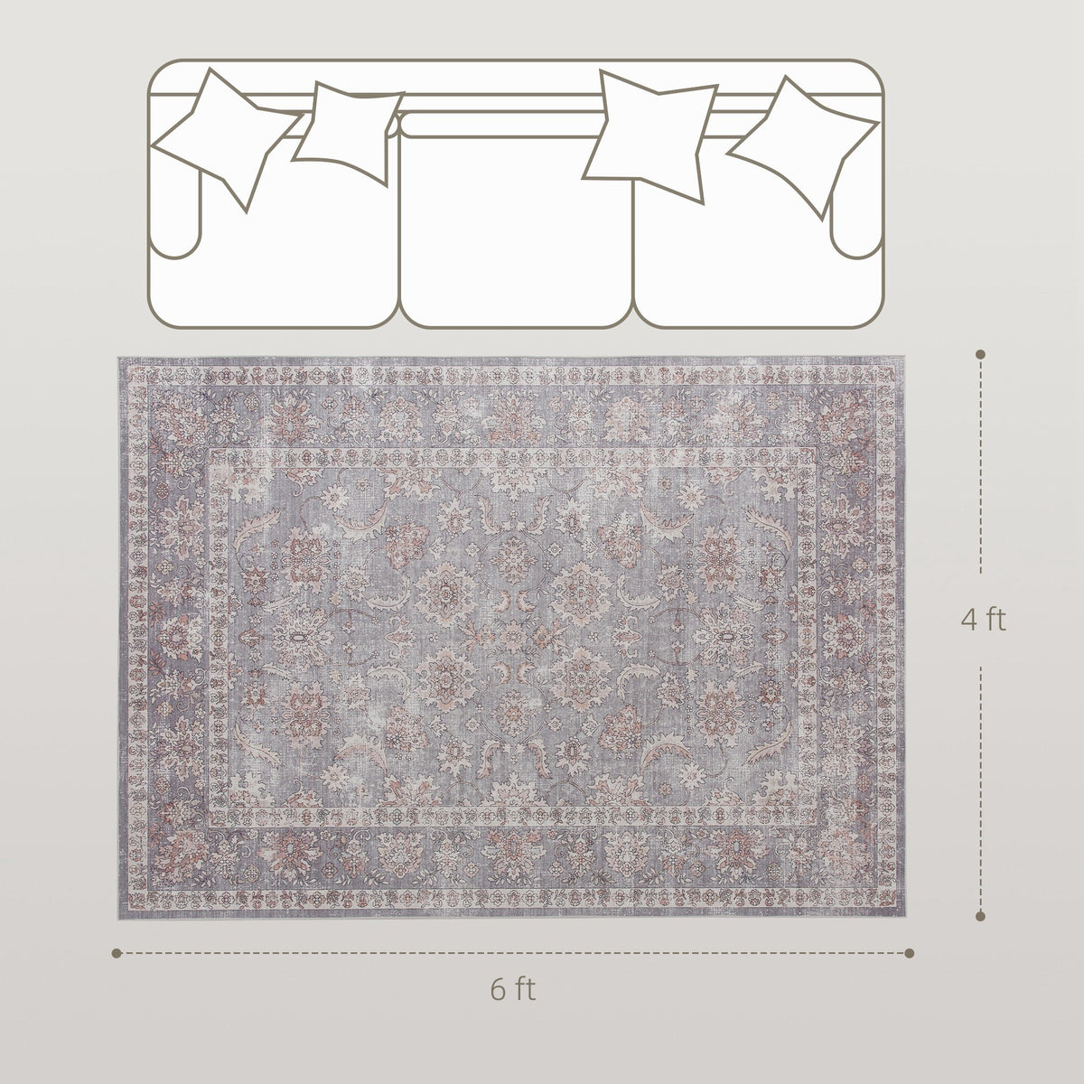 Machine Washable Area Rug 4x6, Non-Slip Traditional Flower Print Floor Carpet for Living Room, Bedroom, Grey and Brown