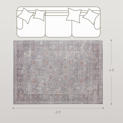 Machine Washable Area Rug 4x6, Non-Slip Traditional Flower Print Floor Carpet for Living Room, Bedroom, Grey and Brown