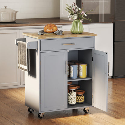 Kitchen Island Cart, Rolling Island Table with Solid Wood Top, Trolley Cart with Drawer, Storage Cabinet & Towel Rack, Gray