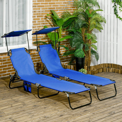 Pool Chaise Lounge Chairs Set of 2, Folding Lounge Chairs with Sunshade, Reclining Back, Steel Frame, Blue