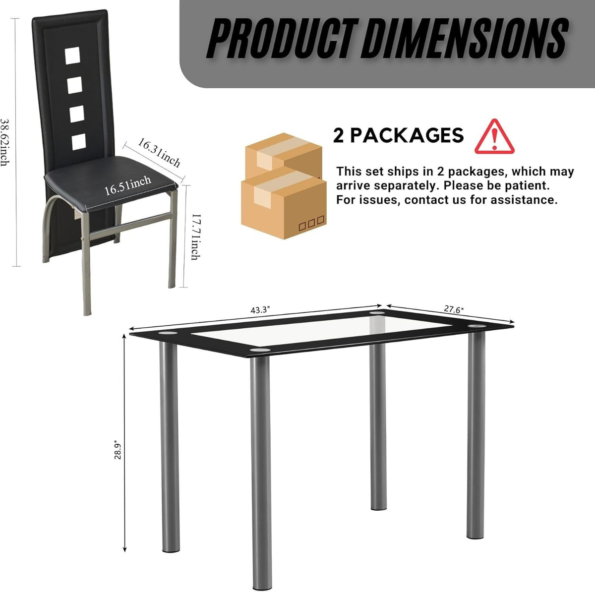 5-Piece Dining Table Set with 1 Glass Dining Table and 4 PVC Chairs, Modern Dining Table Set for Kitchen & Breakfast Dining Living Room, Space Saving, Black