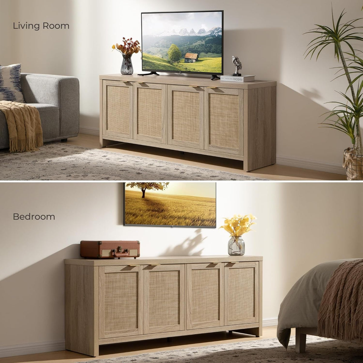 TV Stand for Living Room Boho Entertainment Center for Bedroom with 4 Rattan Cabinets Farmhouse Television Stands with Storage Large Media Console Table for Tvs up to 45 50 55 60 65 Inch