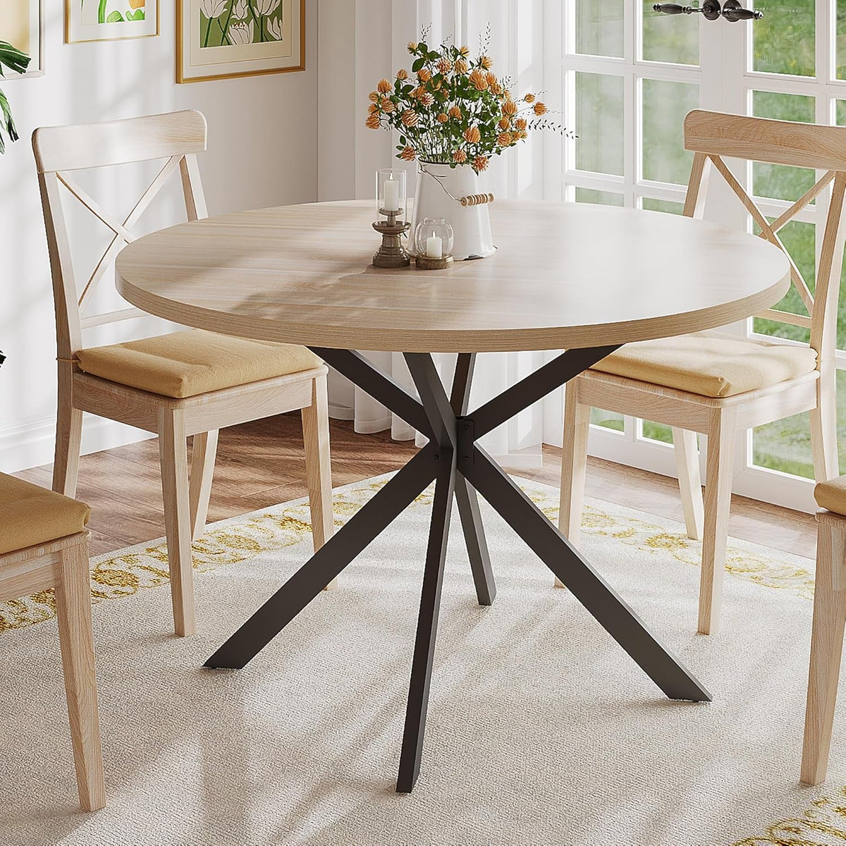 round Dining Table for 2, Farmhouse Wood Kitchen Table, Circle Dinner Table for Kitchen & Dining Room, Small Space, 31.5In, Walnut