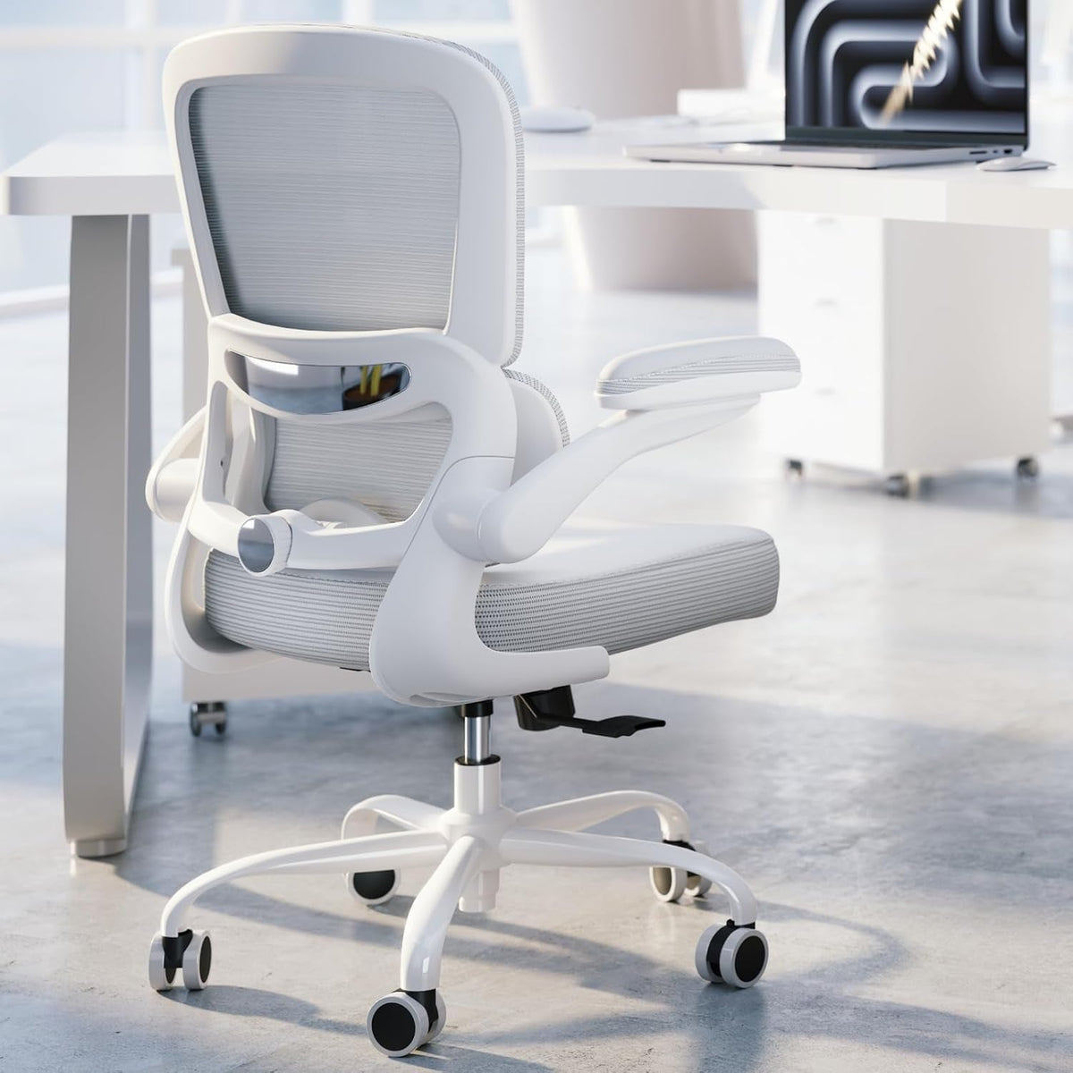 Ergonomic Office Chair - Desk Chair with Adjustable Lumbar Support Computer Chair - Mesh Comfy Chair with Flip-Up Armrests - Gaming Chairs for Adults Home Office (Leather, White)