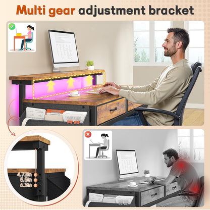 Gaming Desk with LED Lights with 2 Drawers, 31.5 Inch Desk Home Office Desk Computer Desk with Side Pocket & Ergonomic Monitor Stand, Small Space Study Writing Table with Anti-Tip Design, Rustic Brown
