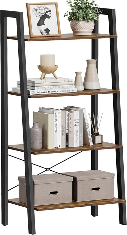 VASAGLE Ladder Shelf, 4-Tier Bookshelf, Storage Rack, Bookcase with Steel Frame, for Living Room, Home Office, Kitchen, Bedroom, Industrial Style, Rustic Brown and Ink Black ULLS44X