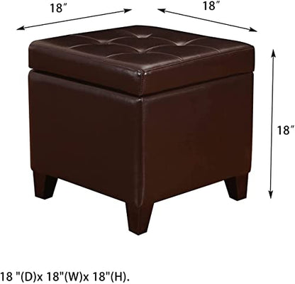 Leather Ottoman with Storage,18" Square Ottomans Foot Rest with Hinged Lid & Solid Wood Legs Upholstered Cube Footstool Hidden Storage for Living Room, Bedroom(Brown)