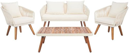 SAFAVIEH Outdoor Collection Ransin Beige/Beige/Natural Solid Wood 4-Piece Conversation Patio Set