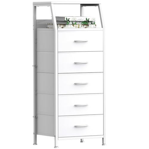 5 Drawers White Tall Fabric Dresser for Bedroom, Dorm Nightstand | Vertical Storage Tower Closet Organizer, Skinny Narrow Bedside Table for Entryway, Steel Frame, Wooden Top