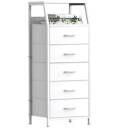 5 Drawers White Tall Fabric Dresser for Bedroom, Dorm Nightstand | Vertical Storage Tower Closet Organizer, Skinny Narrow Bedside Table for Entryway, Steel Frame, Wooden Top