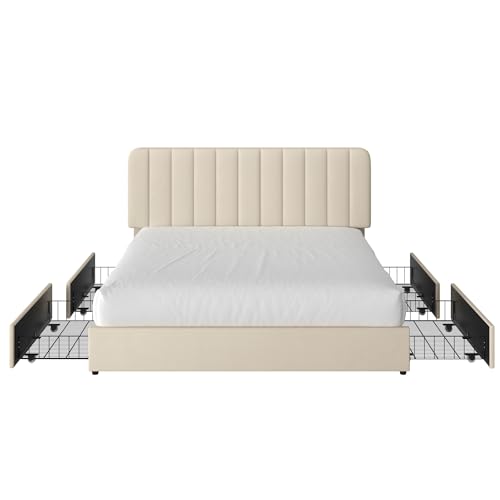 Queen Size Upholstered Bed Frame with 4 Drawers and Headboard, Velvet Platform Storage Bedframe, Wooden Slats Support, No Box Spring Needed, Beige