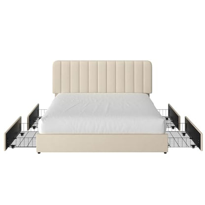 Queen Size Upholstered Bed Frame with 4 Drawers and Headboard, Velvet Platform Storage Bedframe, Wooden Slats Support, No Box Spring Needed, Beige