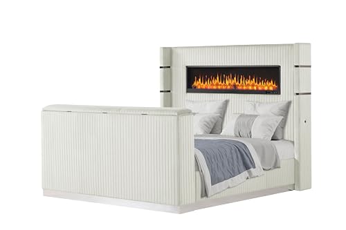 King Bed Frame with Fireplace and TV Stand - Wood Platform Bed with 68" Tall Headboard and Storage, Upholstered Sleigh Bed, Velvet Bedframe with TV Mount and USB Ports for Bedroom Furniture, Beige