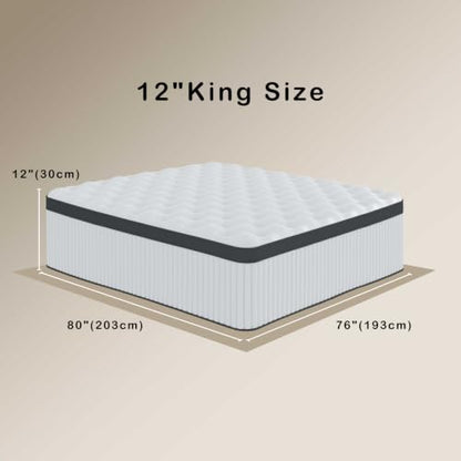 King Size Mattress, 12 Inch Hybrid Mattress in a Box with Memory Foam and Individually Pocketed Spring, Motion Isolation, Pressure Relief, Medium Firmness, CertiPUR-US Certified