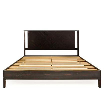 Ethan King Size Bed Frame with Diamond Headboard, Rustic Mid-Century Modern, Solid Acacia Wood, No Box Spring Needed, Slat Support, Rustic Black