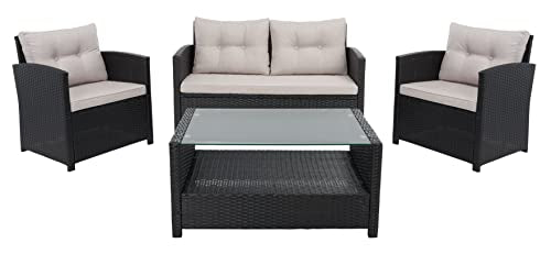 SAFAVIEH Outdoor Collection Vellor Black/Light Grey Cushion 4-Piece Conversation Patio Set