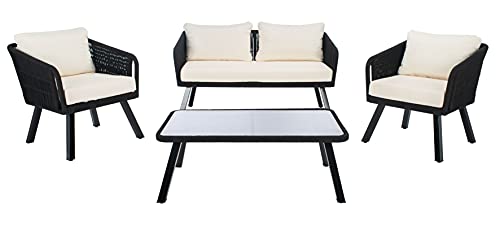 Safavieh Outdoor Collection Kerson Wicker Cushion 4-Piece Rope Patio Backyard Living Set PAT7519B, Black/Beige