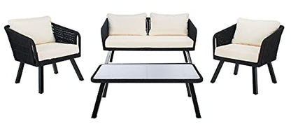 Safavieh Outdoor Collection Kerson Wicker Cushion 4-Piece Rope Patio Backyard Living Set PAT7519B, Black/Beige