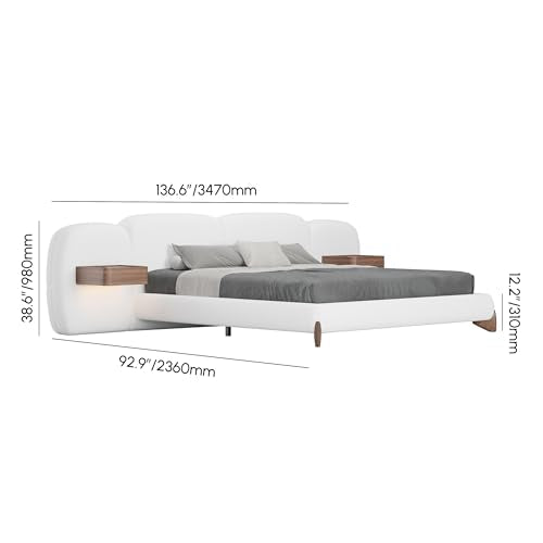 King Size Bed Frame Set with Wide Headboard & Floating Smart Nightstands, Modern Boucle Platform Bedroom Set with LED Sensor Lights, Wireless Charging & Walnut Wood Legs, No Box Spring Needed