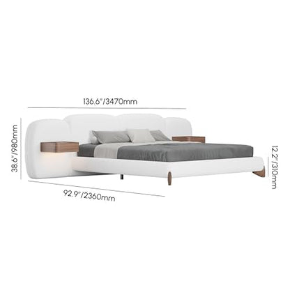 King Size Bed Frame Set with Wide Headboard & Floating Smart Nightstands, Modern Boucle Platform Bedroom Set with LED Sensor Lights, Wireless Charging & Walnut Wood Legs, No Box Spring Needed