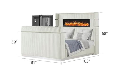 King Bed Frame with Fireplace and TV Stand - Wood Platform Bed with 68" Tall Headboard and Storage, Upholstered Sleigh Bed, Velvet Bedframe with TV Mount and USB Ports for Bedroom Furniture, Beige