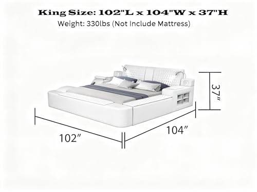 King Size Smart Bed, Multifunctional Leather Bed Frame with Massage Recliner/Adjustable Headboard/Music Speaker/USB Port/Storage Space, Modern Luxury Bed Frame(Beige)