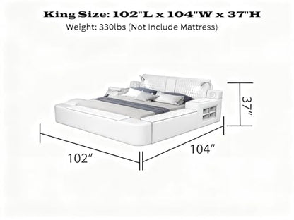 King Size Smart Bed, Multifunctional Leather Bed Frame with Massage Recliner/Adjustable Headboard/Music Speaker/USB Port/Storage Space, Modern Luxury Bed Frame(Beige)